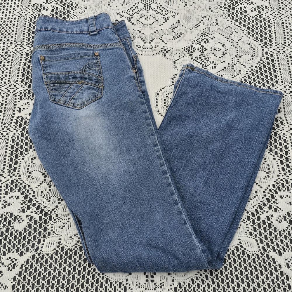 OTB Jeans Womens 11/12 Blue Bootcut‎ Stretch Distressed Mid Rise Flare Denim